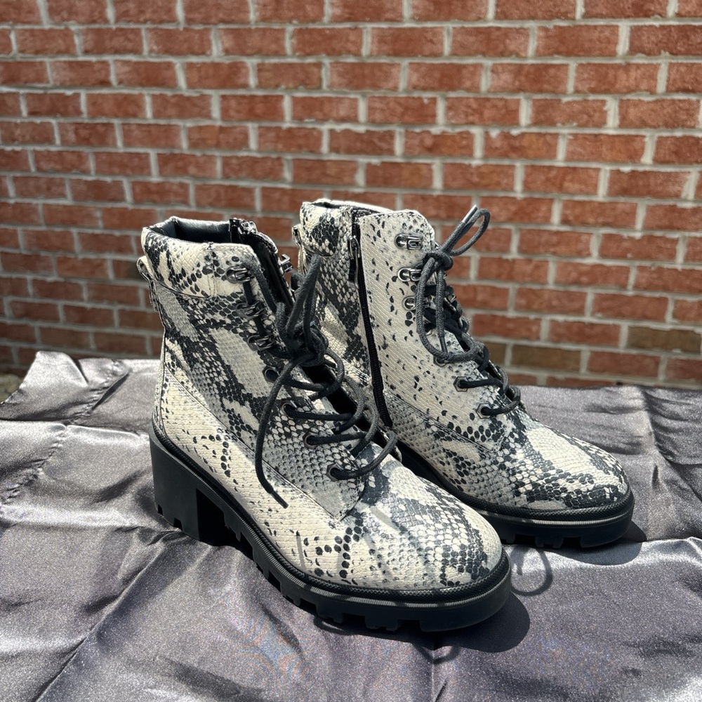 Madden Girl Snake Print Ankle Combat Boots